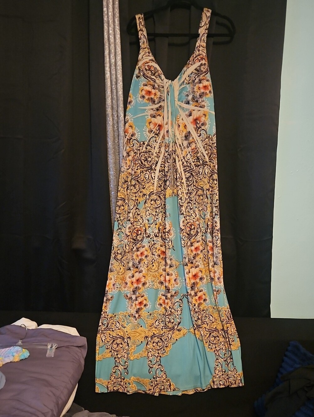 Robin Blue and Tan Paisley Floral Maxi Dress with Faux Tie Front
